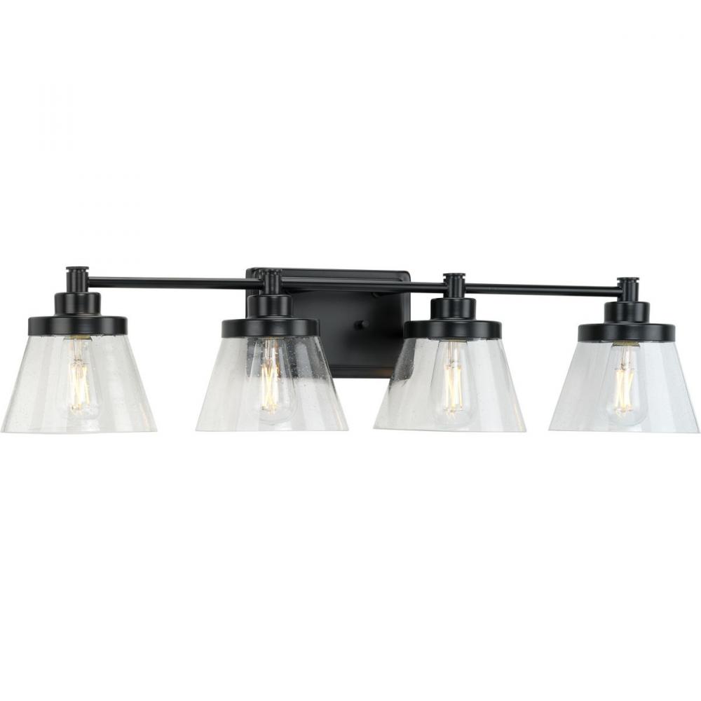 Hinton Collection Four-Light Matte Black Clear Seeded Glass Farmhouse Bath Vanity Light