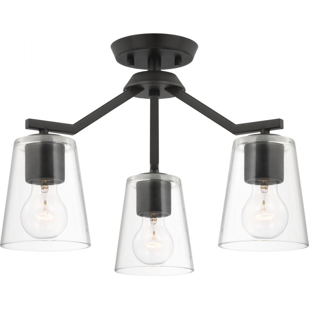 Vertex Collection Three-Light Matte Black Clear Glass Contemporary Convertible Chandelier