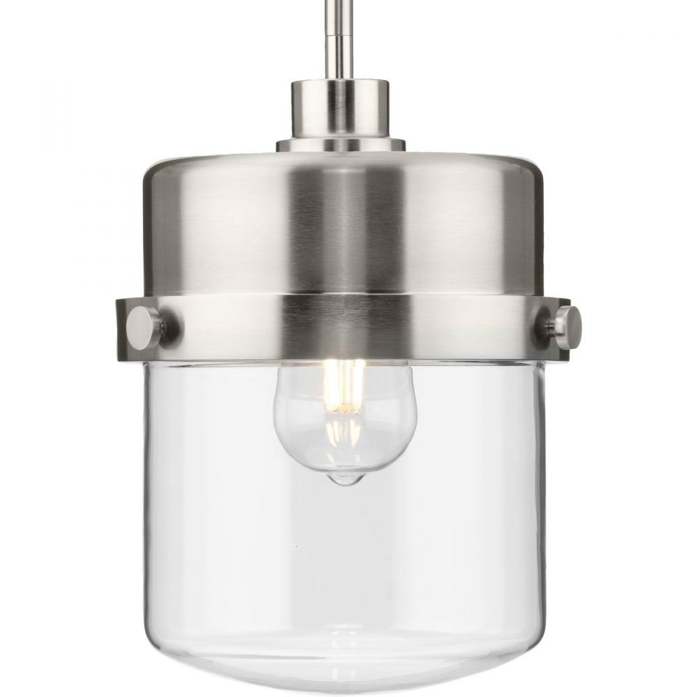 Beckner Collection One-Light Brushed Nickel Clear Glass Urban Industrial Pendant Light