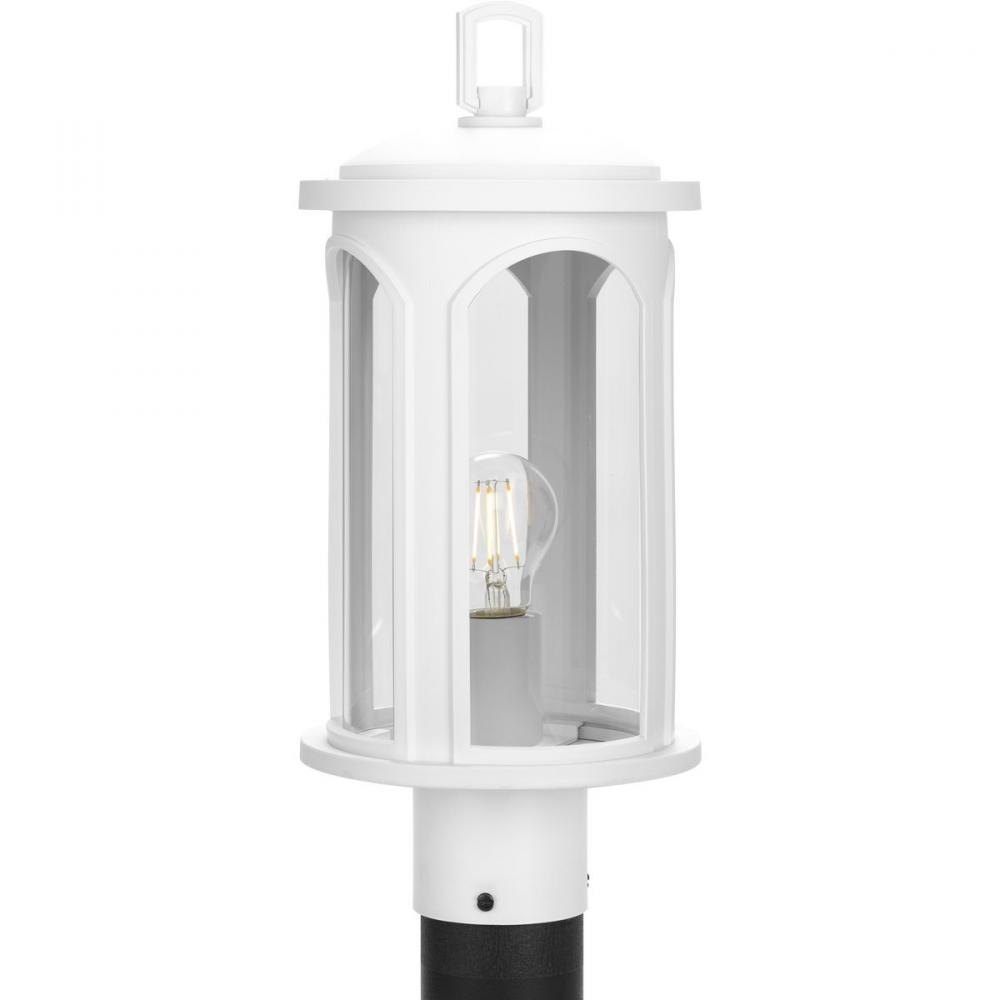 Gables Collection One-Light Coastal Satin White Clear Glass Outdoor Post Light with DURASHIELD