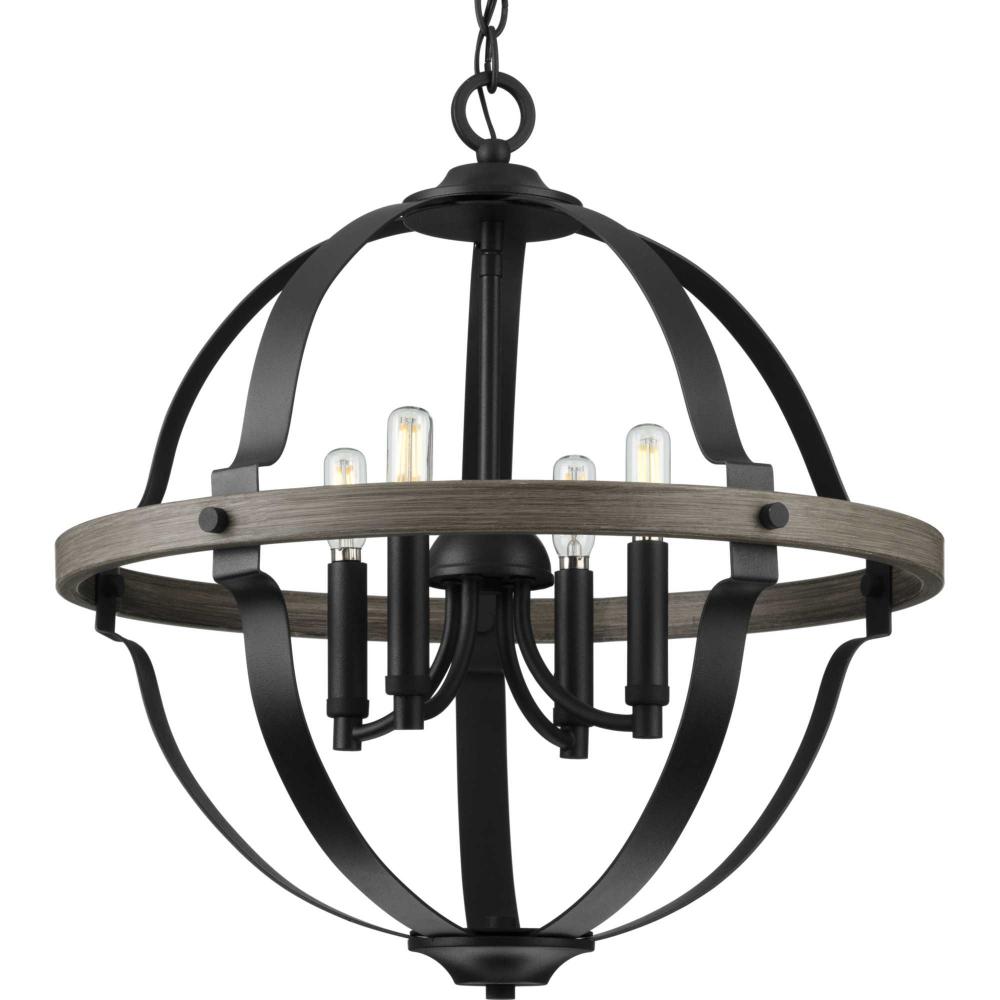 Lockhart Collection Four-Light Matte Black/Aged Oak Farmhouse Style Hanging Pendant Light