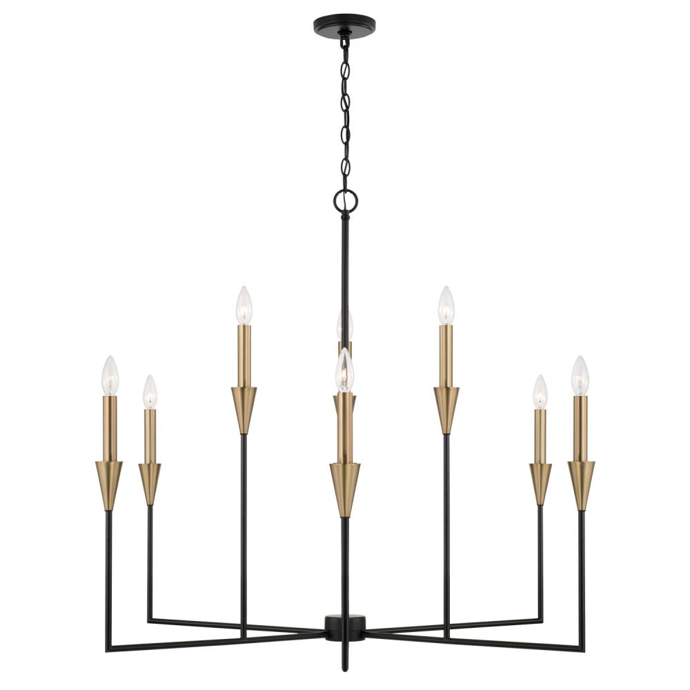 9-Light Chandelier in Black and Aged Brass with Interchangeable White or Aged Brass Candle Sleeves