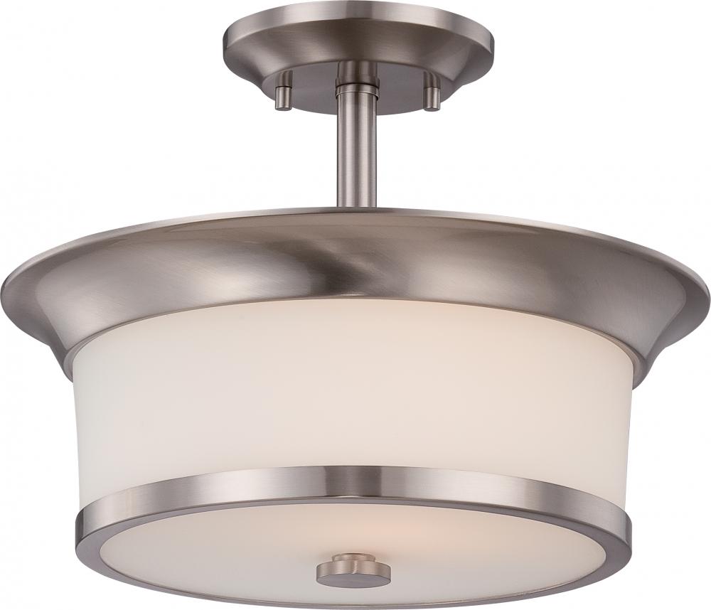 Mobili - 2 Light Semi Flush with Satin White Glass - Brushed Nickel Finish