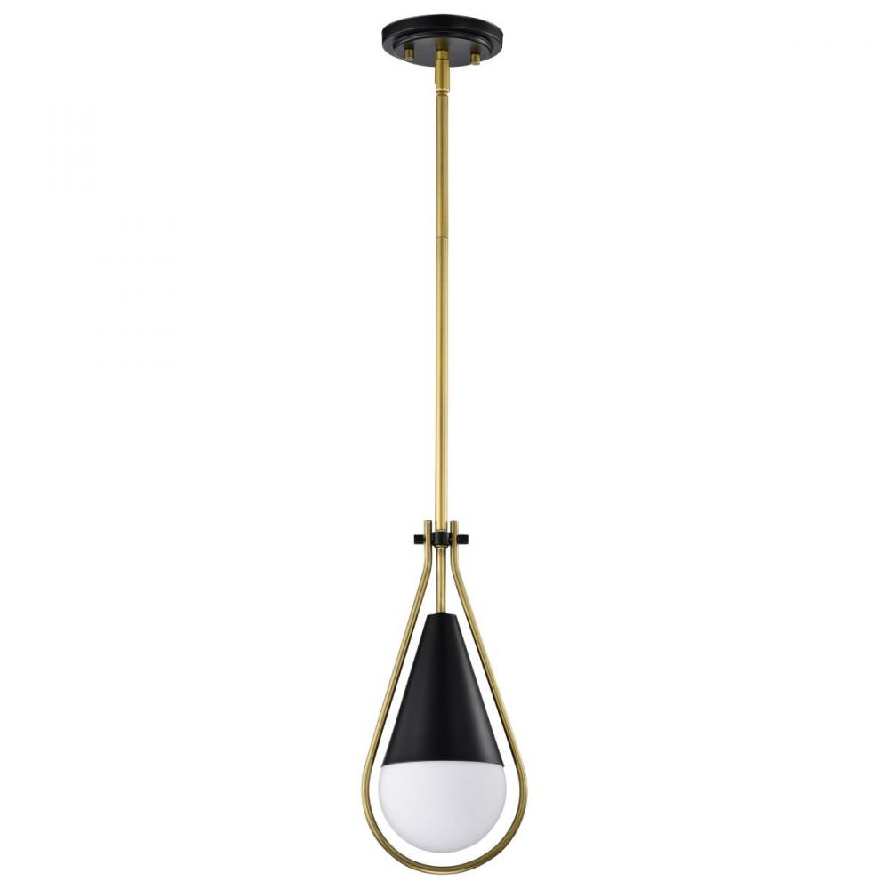 Admiral 1 Light Pendant; 10 Inches; Matte Black and Natural Brass Finish; White Opal Glass