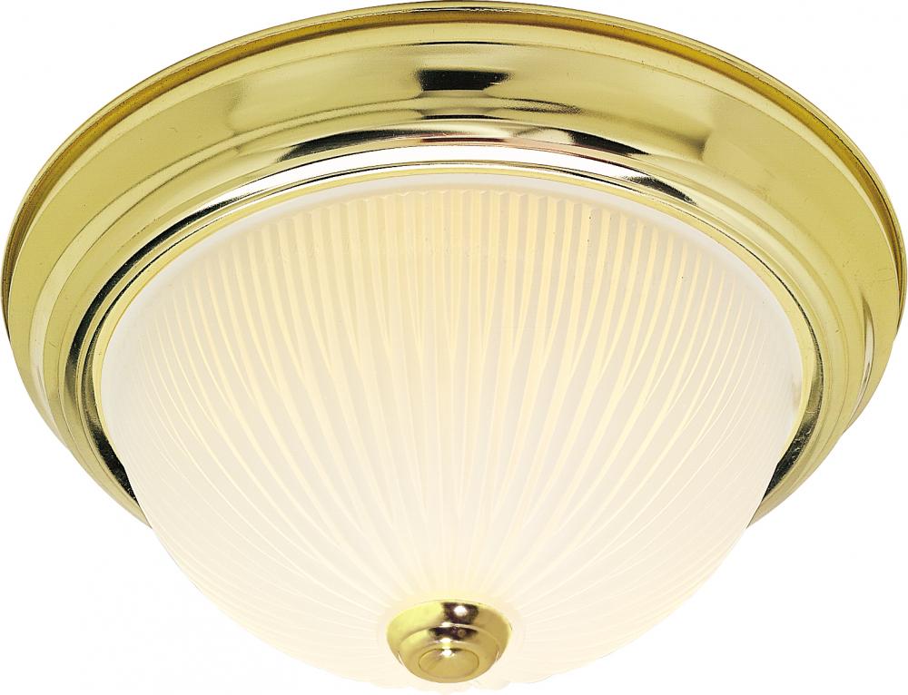 2 Light - 13" Flush with Frosted Ribbed - Polished Brass Finish