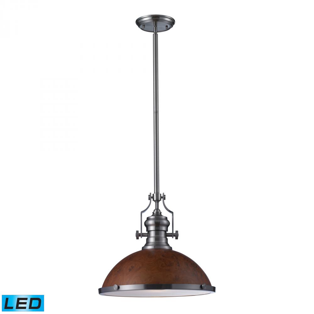 One Light Satin Nickel Burl Wood Shade Down Pendant